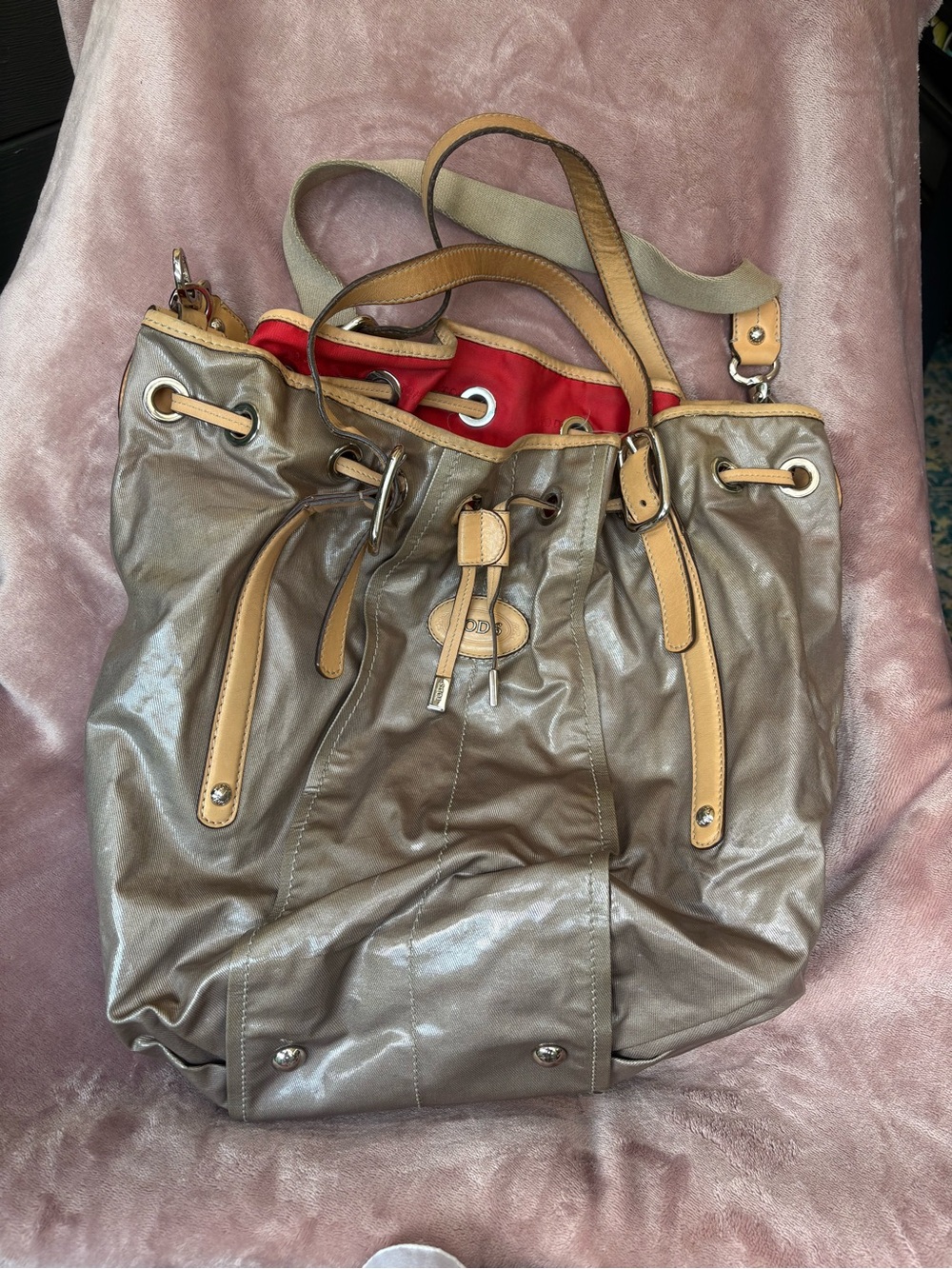 Tod’s Taupe Drawstring Tote Bag with Tan Trim and Red Lining